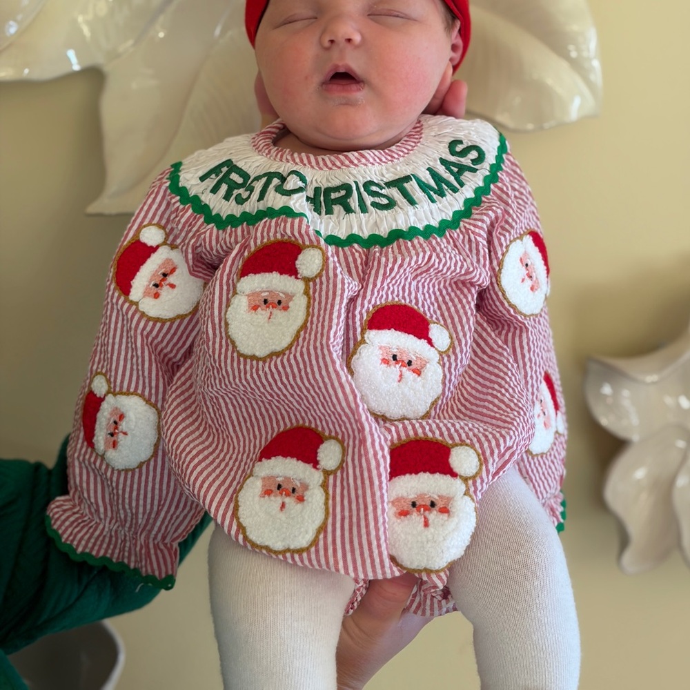 First Christmas Girls Smocked Santa Bubble Romper - Picture 7 of 7